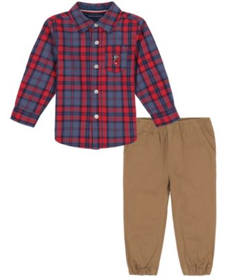 Baby Boys Plaid Long Sleeve Button-Front Shirt and Twill Joggers, 2 Piece Set