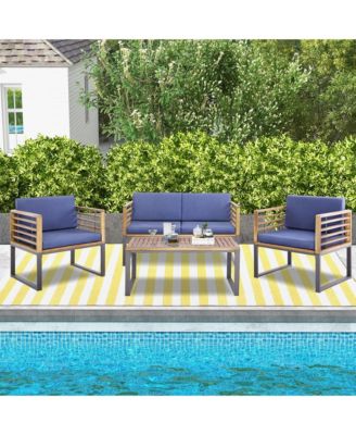 4pcs Patio Acacia Wood Chair Table Loveseat Cushioned Furniture Set Outdoor