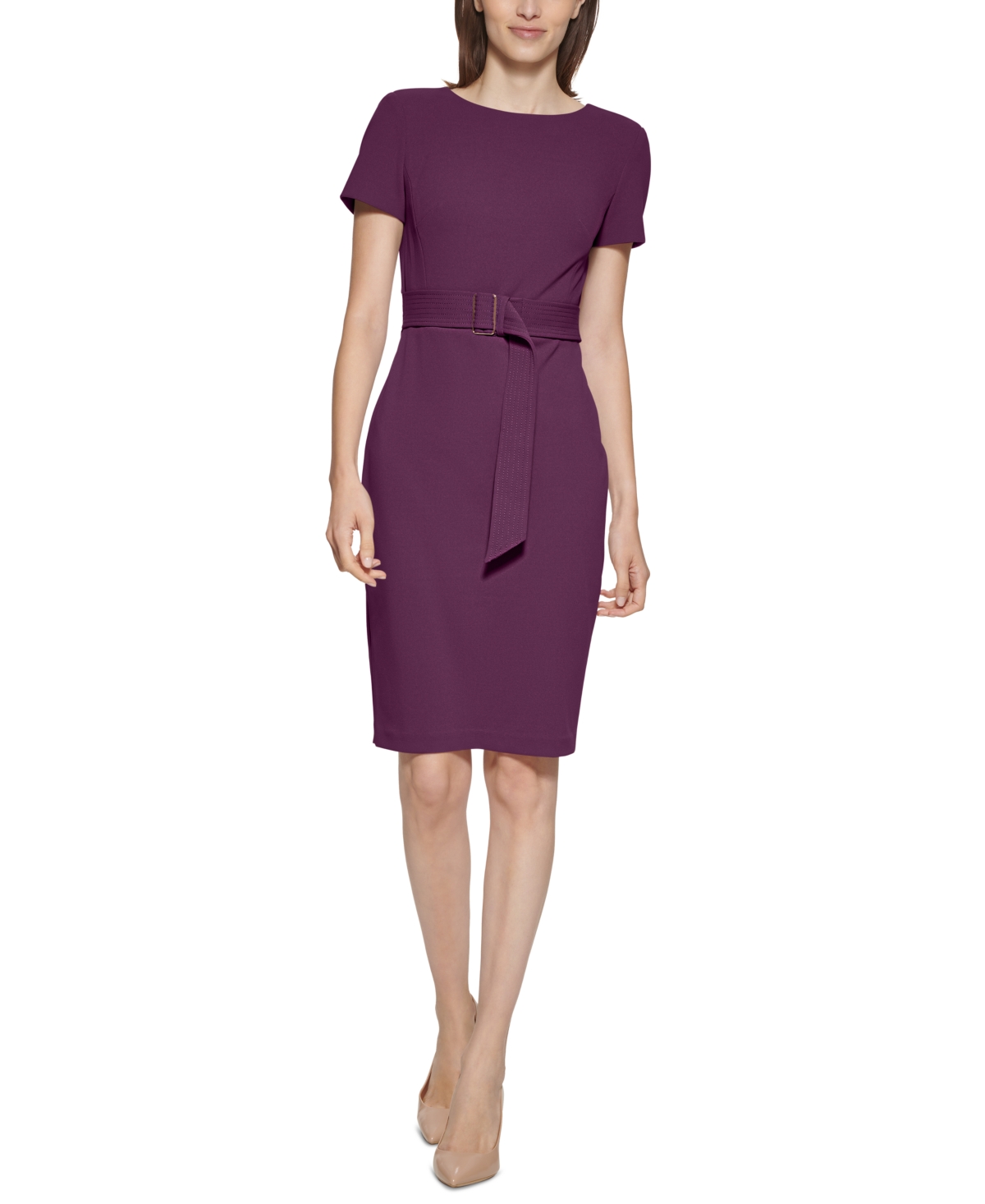 Calvin Klein Women s Belted Sheath Dress In Dark Purple ModeSens