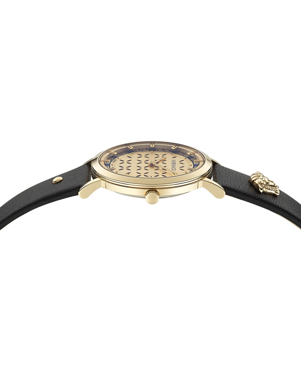 Shop Versace Women's Swiss New Generation Black Leather Strap Watch 36mm In Ip Yellow Gold