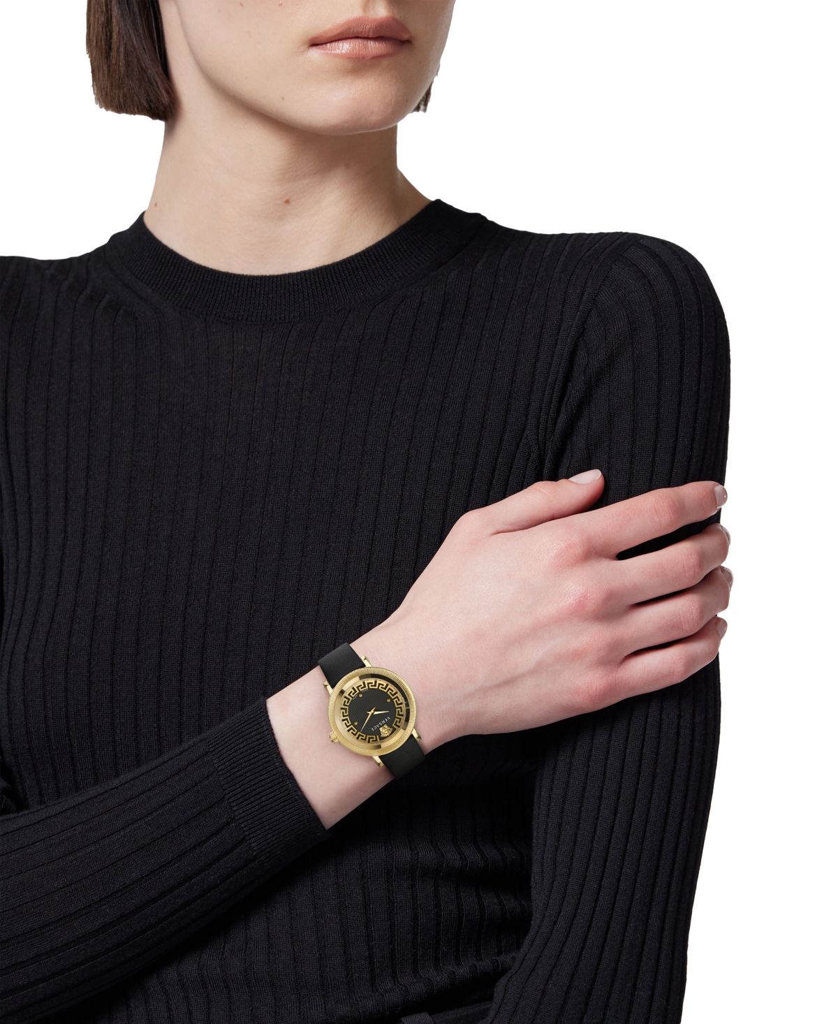 Shop Versace Women's Swiss Greca Flourish Black Leather Strap Watch 35mm In Ip Yellow Gold