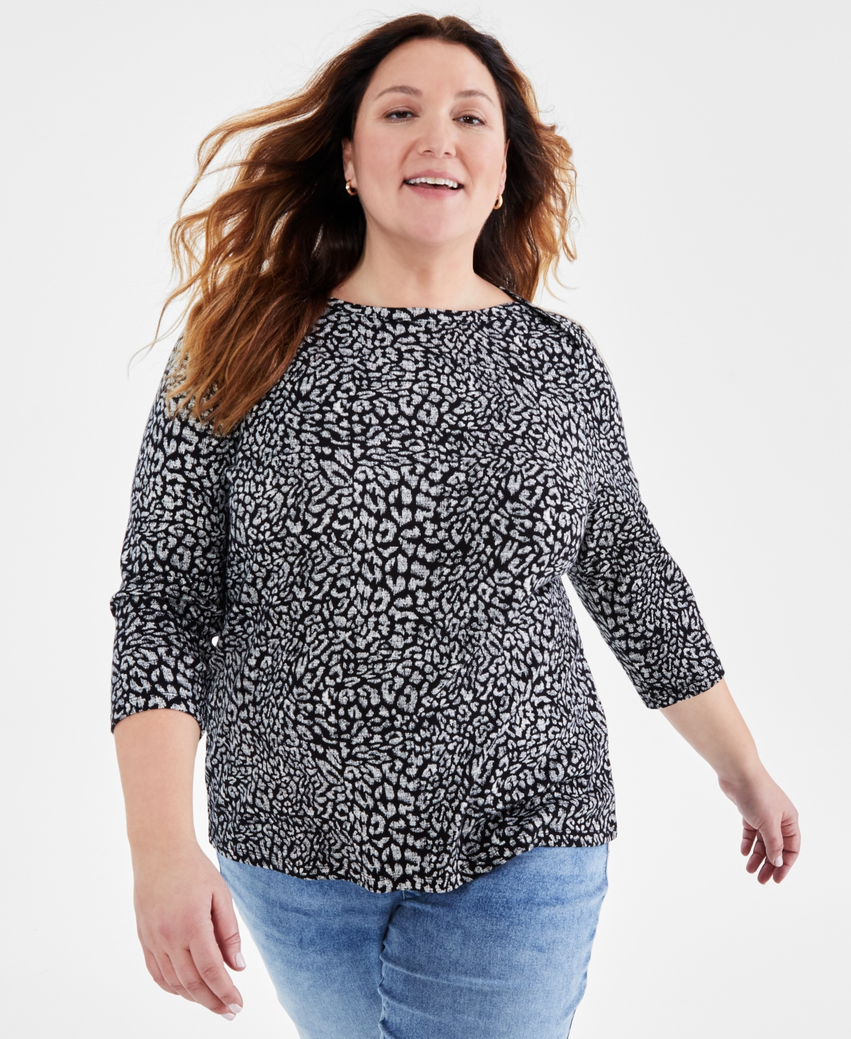Style & Co Plus Size Leopard-print Cotton 3/4-sleeve Top, Created For Macy's In Black