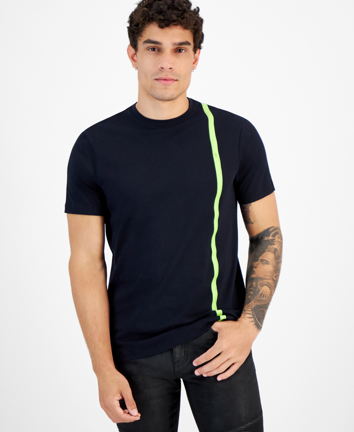 Ax Armani Exchange Men's Vertical-stripe T-shirt, Created For Macy's In Deep Navy,lime