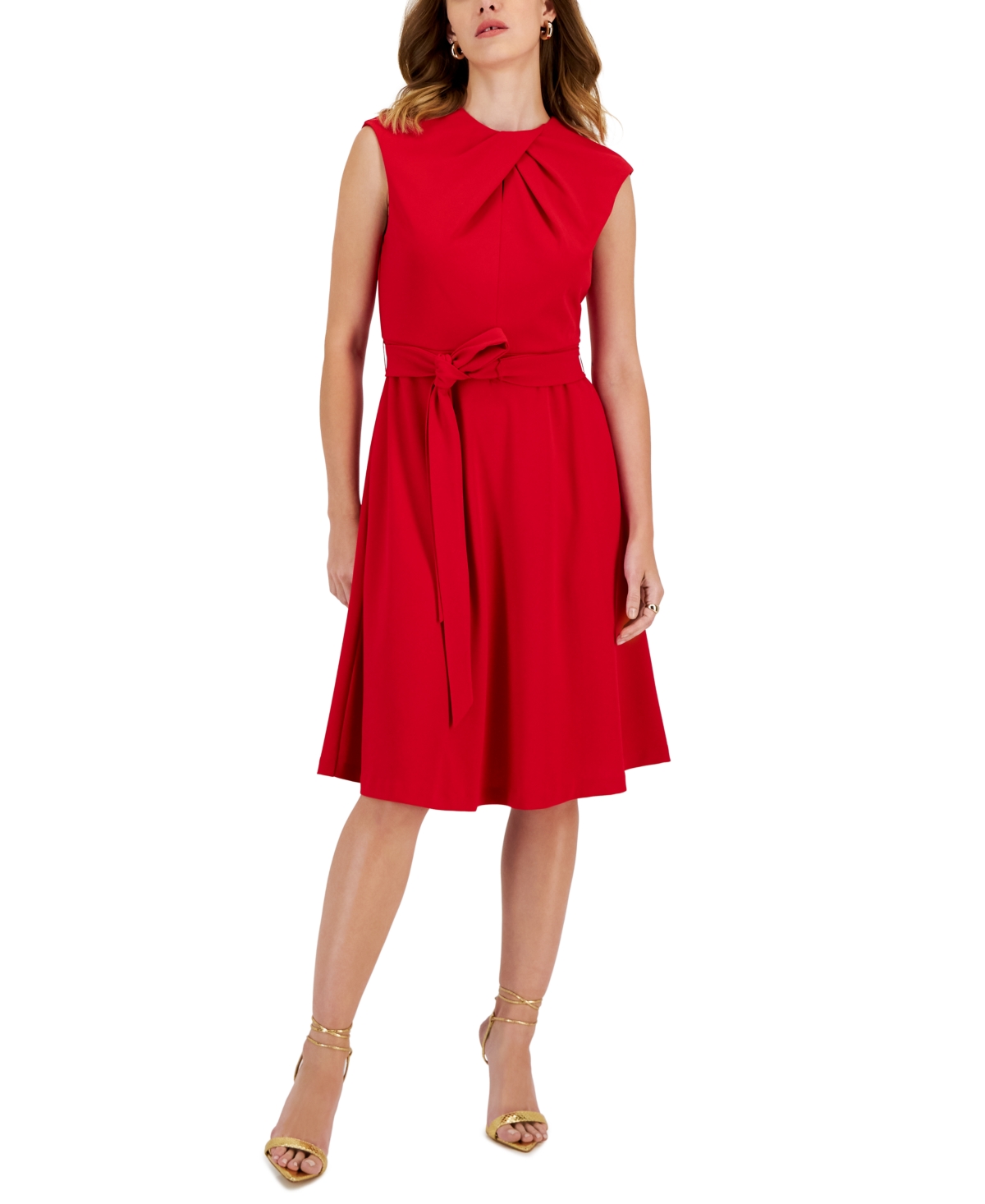 Tahari Asl Women's Pleated-neck Sleeveless Fit & Flare Dress In Rouge