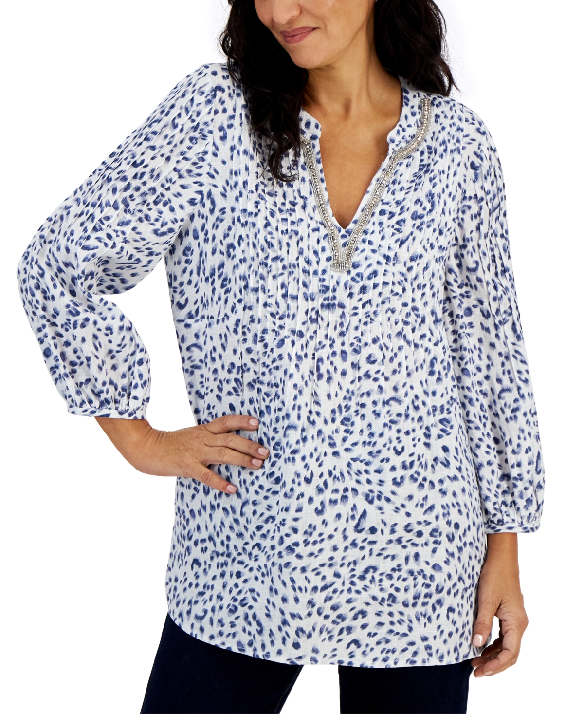 CHARTER CLUB PETITE 3/4 PUFF SLEEVE BRUSHED SPOTTED PRINT LINEN TUNIC, CREATED FOR MACY'S