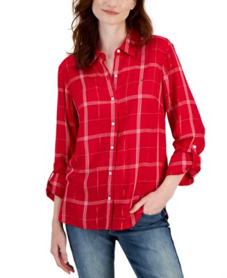 Tommy Hilfiger Women's Plaid Roll-Tab Button-Down Shirt - Macy's