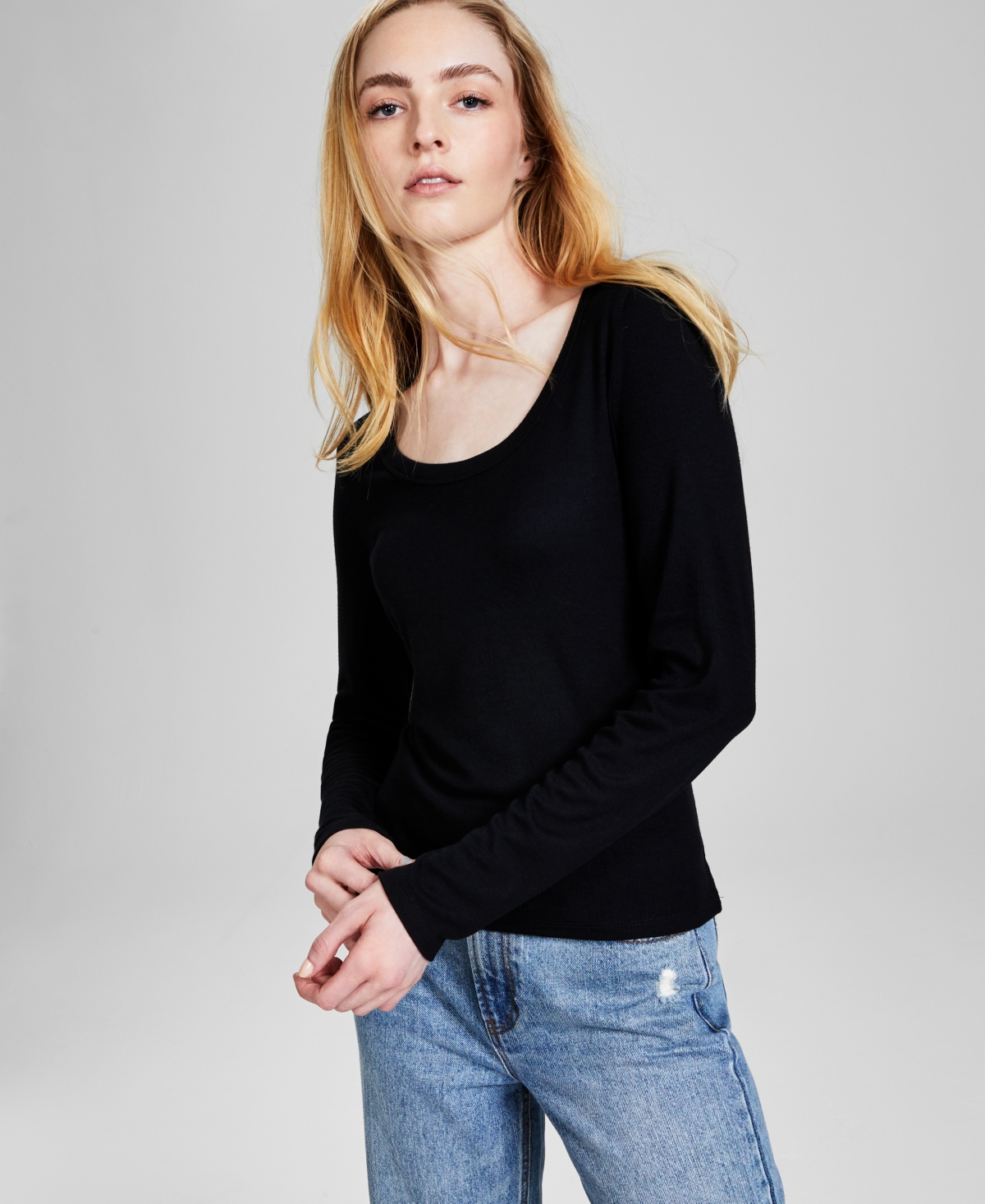 And Now This Women's Long-sleeve Scoop Neck Top, Created For Macy's In Black