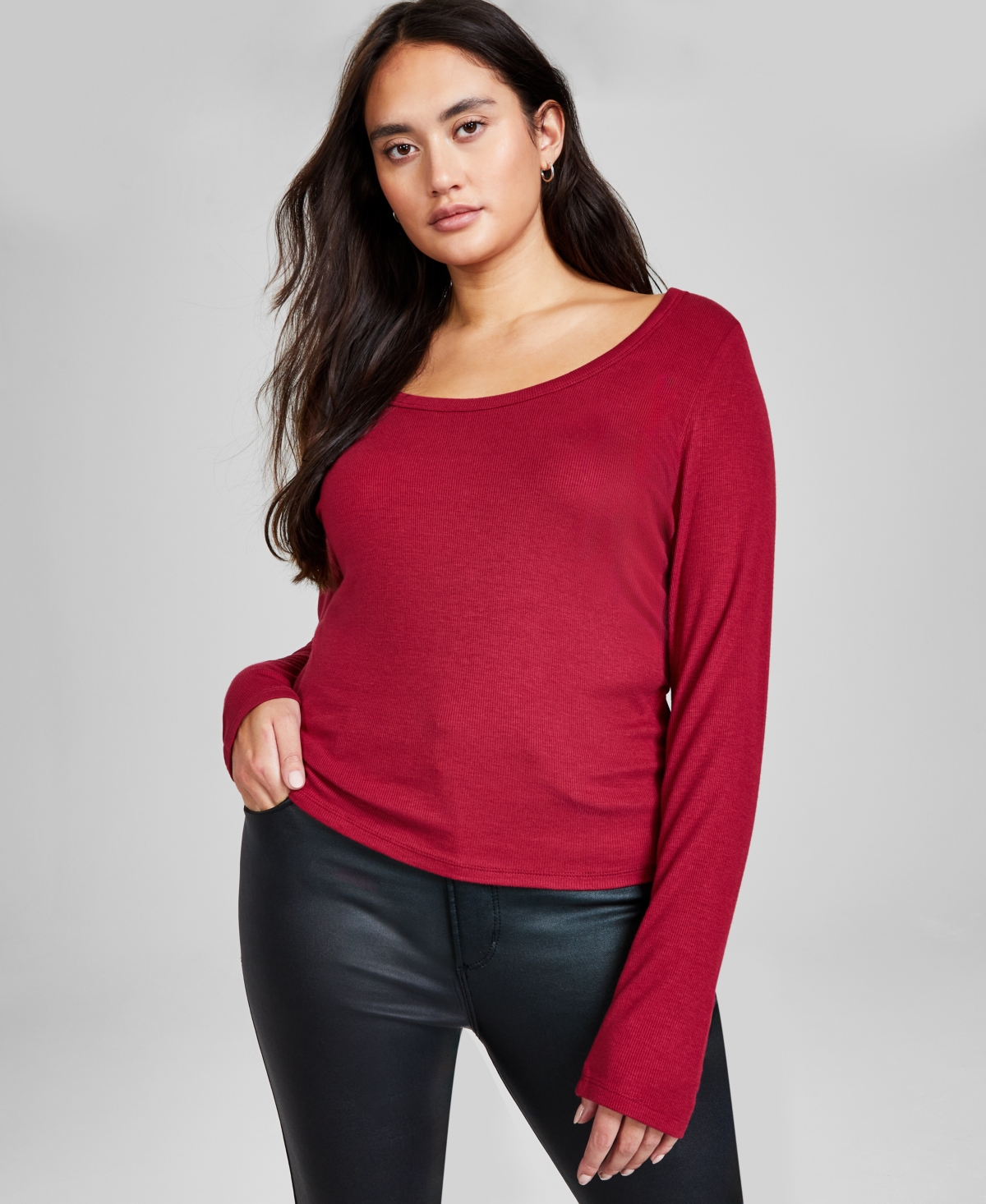 And Now This Women's Long-sleeve Scoop Neck Top, Created For Macy's In Clay Red
