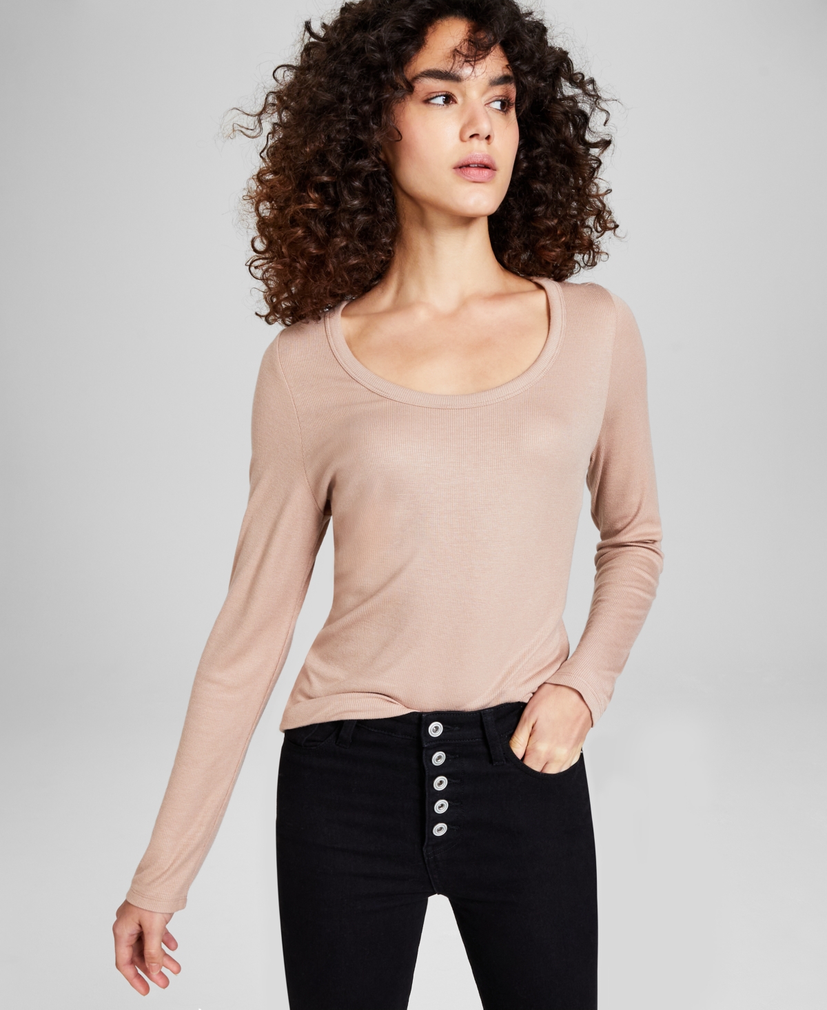 And Now This Women's Long-sleeve Scoop Neck Top, Created For Macy's In Almond