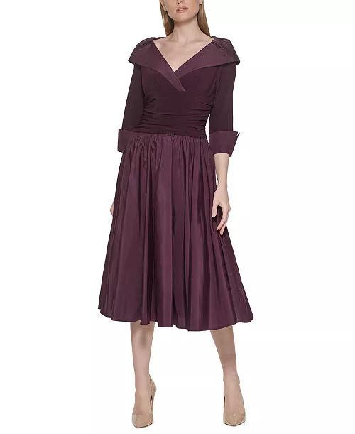 petite 3/4-sleeve portrait-collar fit & flare dress