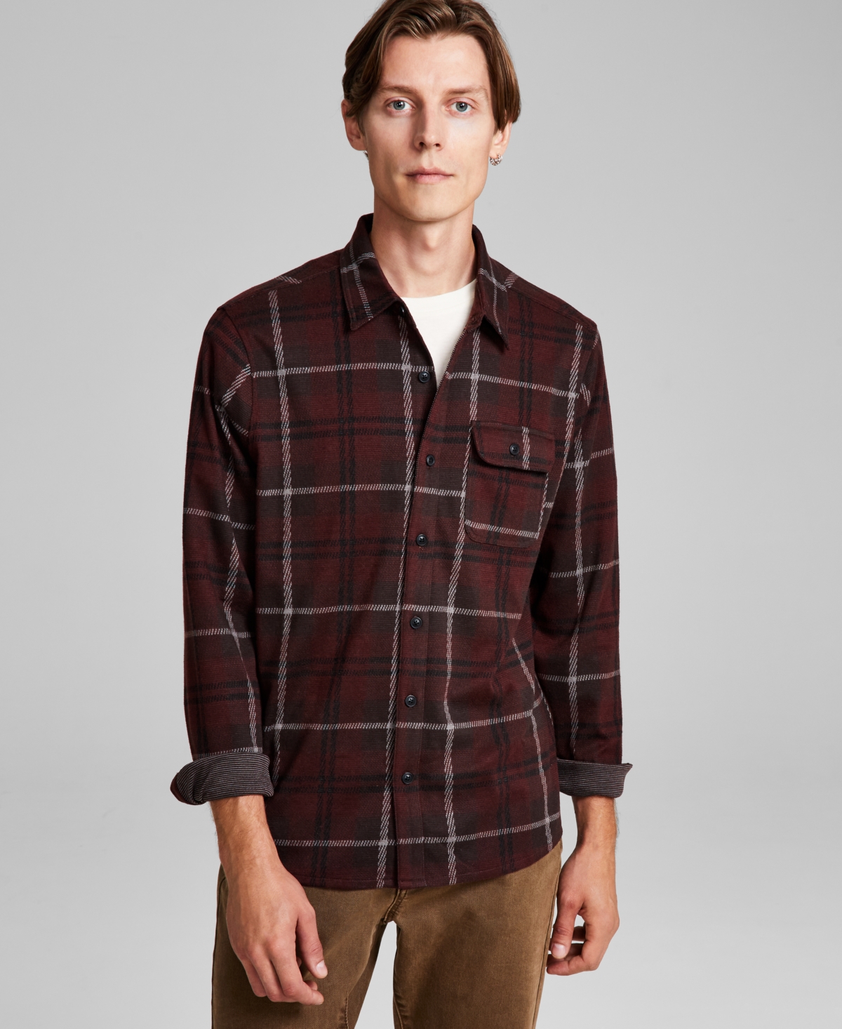 And Now This Men's Regular-fit Plaid Button-down Shirt, Created For Macy's In Burgundy