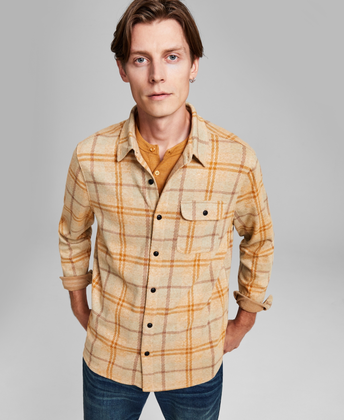 And Now This Men's Regular-fit Plaid Button-down Shirt, Created For Macy's In Oatmeal