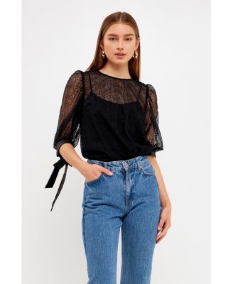 Women's Embroidered Puff Sleeve Satin Bow Top