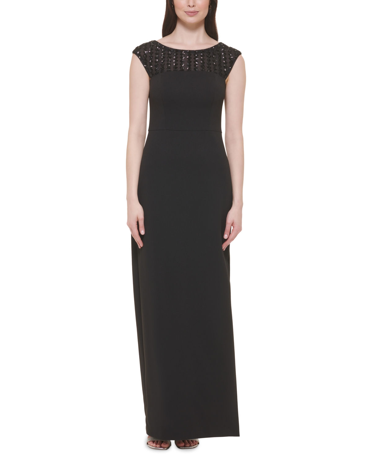 Vince Camuto Petite Sequined-yoke Scuba Crepe Gown In Blk