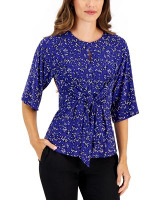 Kasper - Women's Printed Tie-Waist 3/4-Sleeve Top