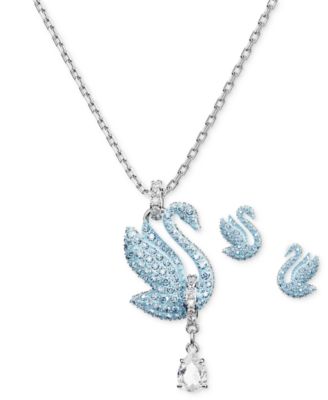 Swarovski - Silver-Tone 2-Pc. Set Blue & White Crystal Iconic Swan Pendant Necklace & Matching Stud Earrings