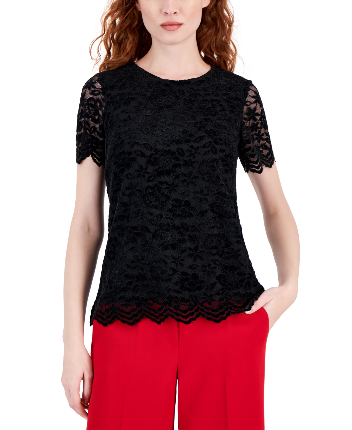 Tahari Asl Women's Lace Short-sleeve Top In Black