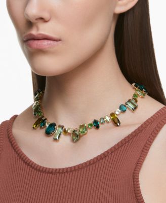 Gold-Tone Green-Hued Crystal Mixed Cut Collar Necklace, 14" + 1-3/4" extender
