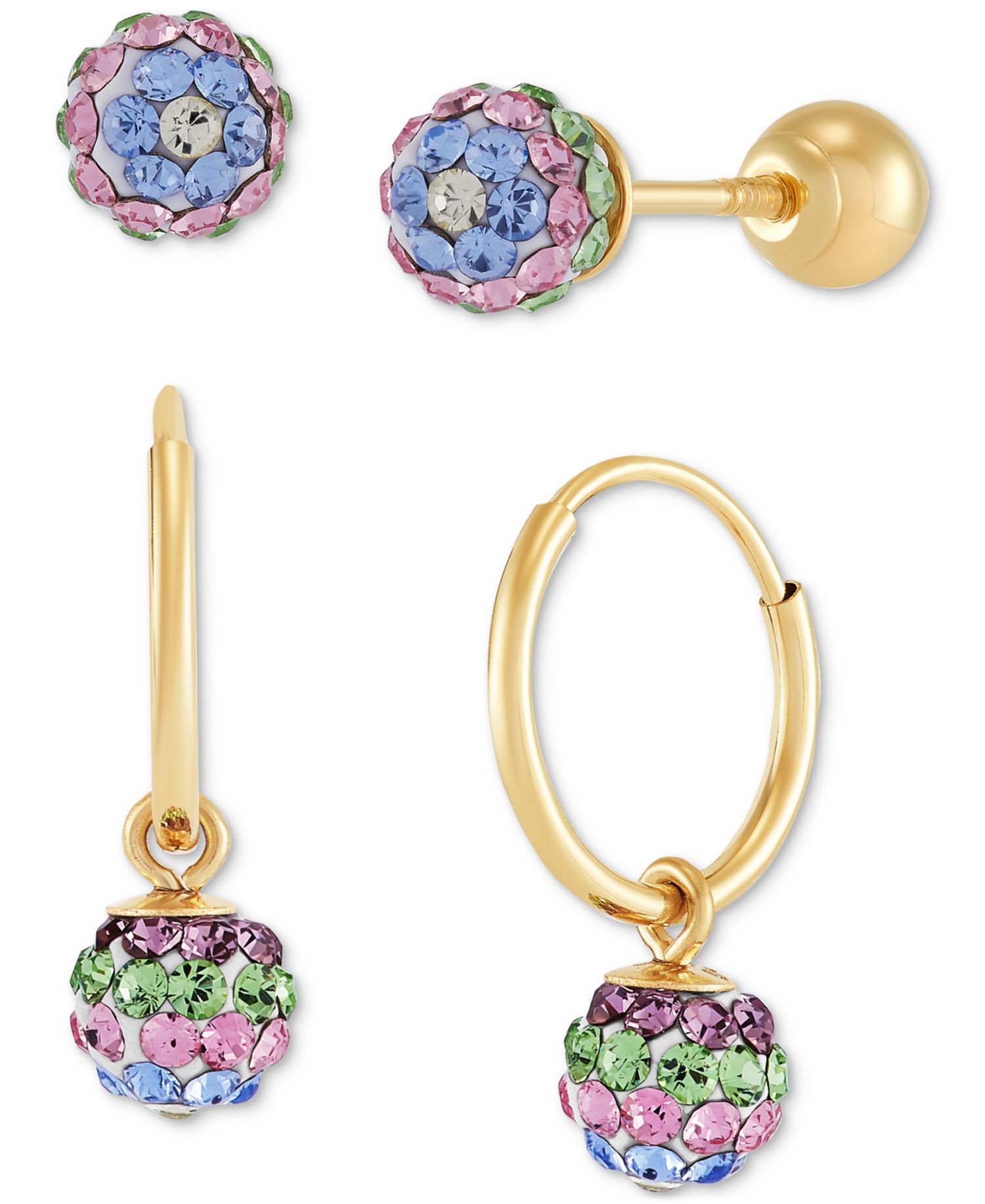 Children's 2-Pc Set Multicolor Crystal Reversible Stud & Dangle Hoop Earrings in 14k Gold