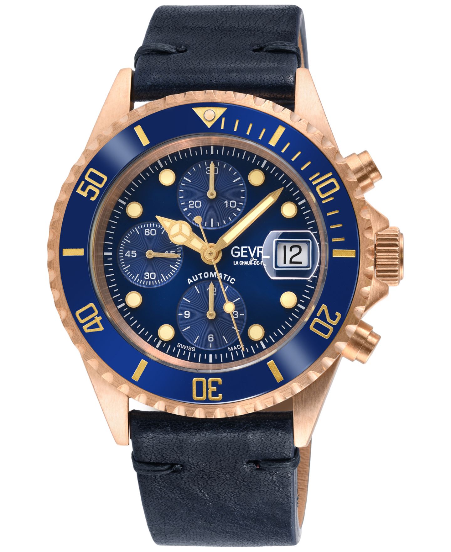 Мужские часы Gevril Wall Street Swiss Automatic Leather Strap Watch 44mm, цвет: Тёмно-синий — фото 1