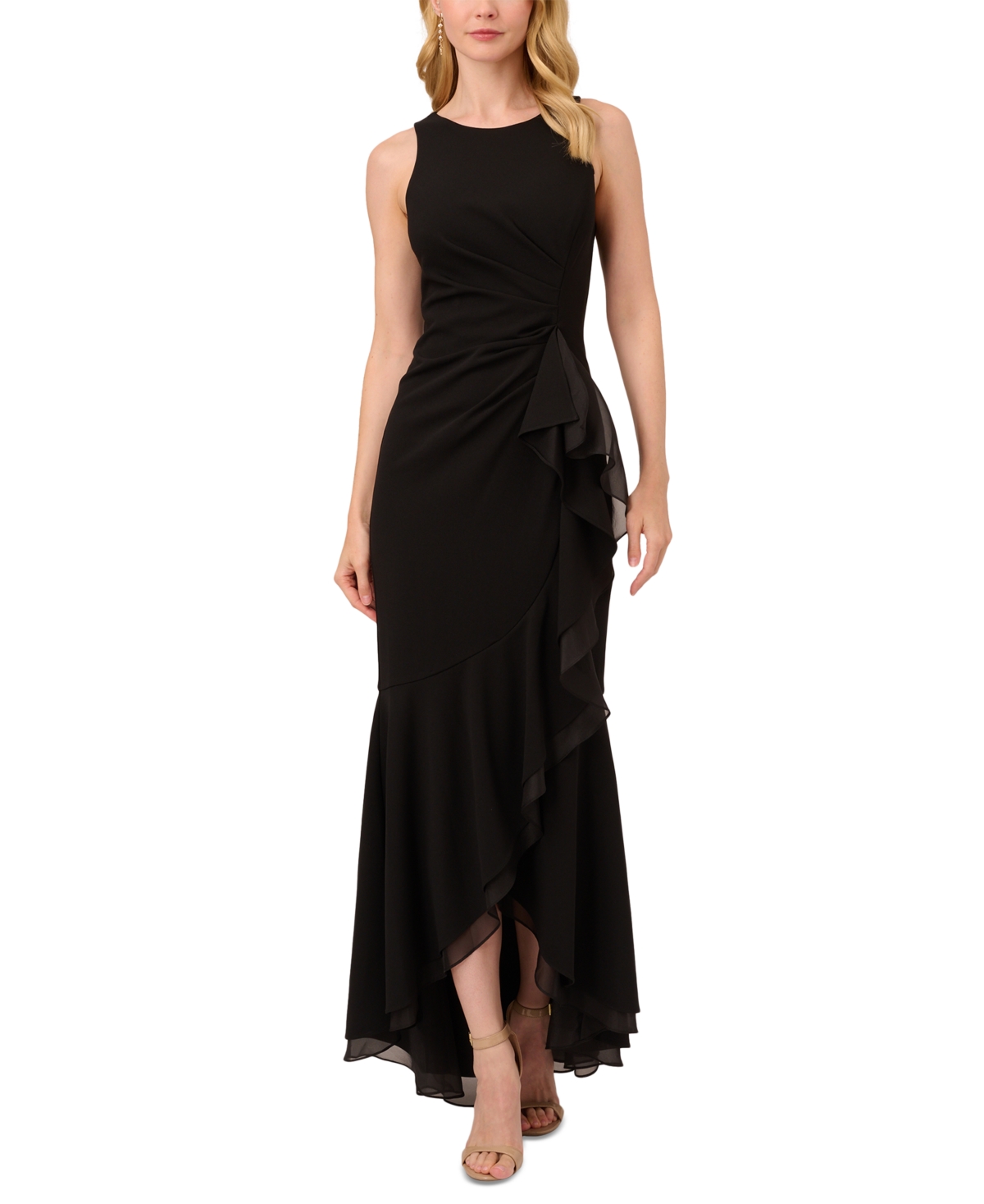 Adrianna Papell Women's Sleeveless Ruffled High-low Gown In Black