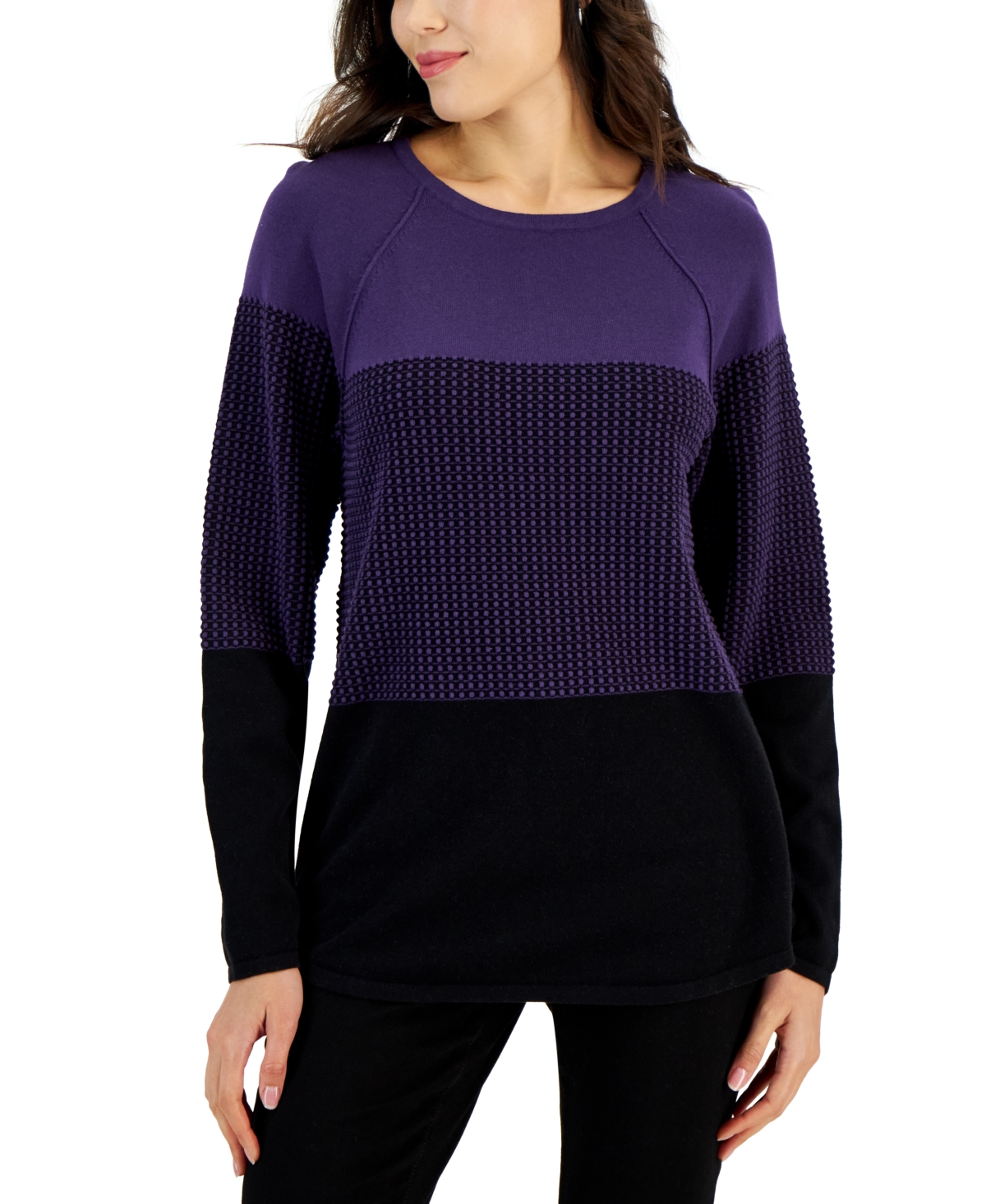 Karen Scott Colorblocked Curved-hem Textured Sweater, Created For Macy's In Cassis Combo