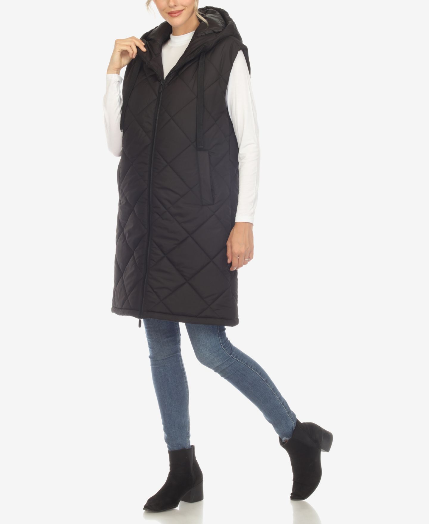 Женская куртка White Mark Diamond Quilted Hooded Long Puffer Vest, цвет: Чёрный — фото 3