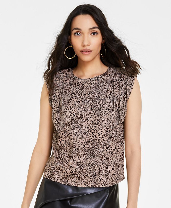 Bar III Women's Printed Cotton Pleated-Shoulder Top, Created for Macy's ...