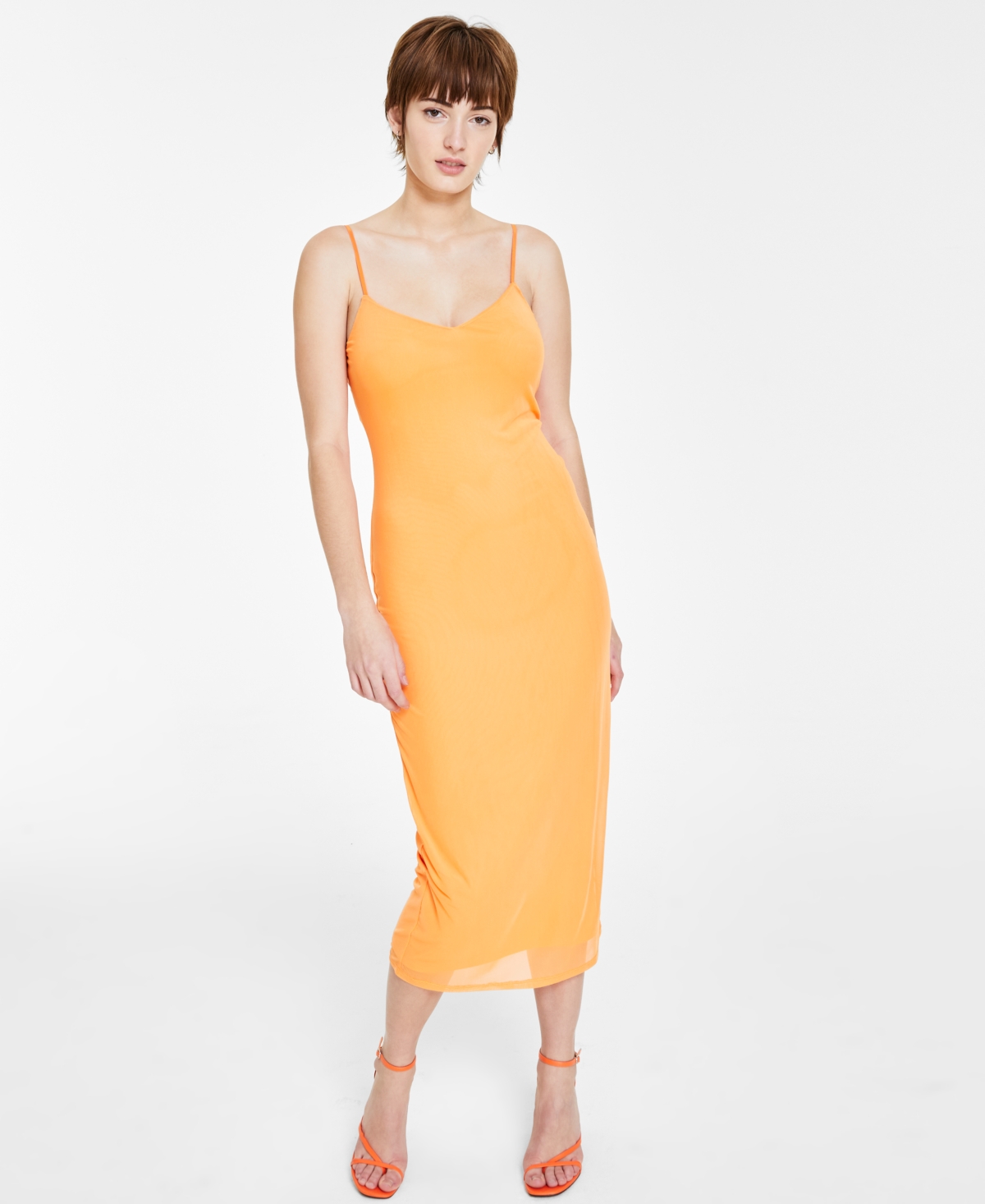 Bar Iii Women's Mesh Midi Slipdress, Created For Macy's In Island Orange