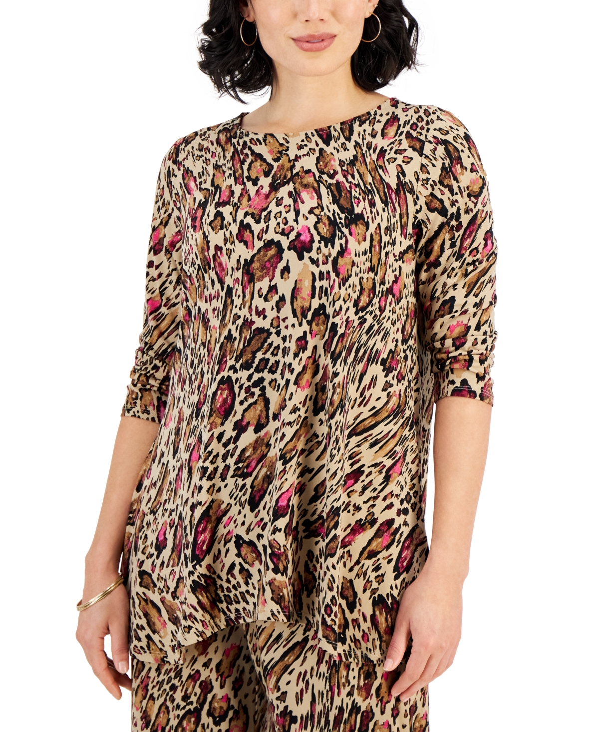Jm Collection Women's Printed 3/4 Sleeve Knit Top, Created For Macy's In New Fawn Combo