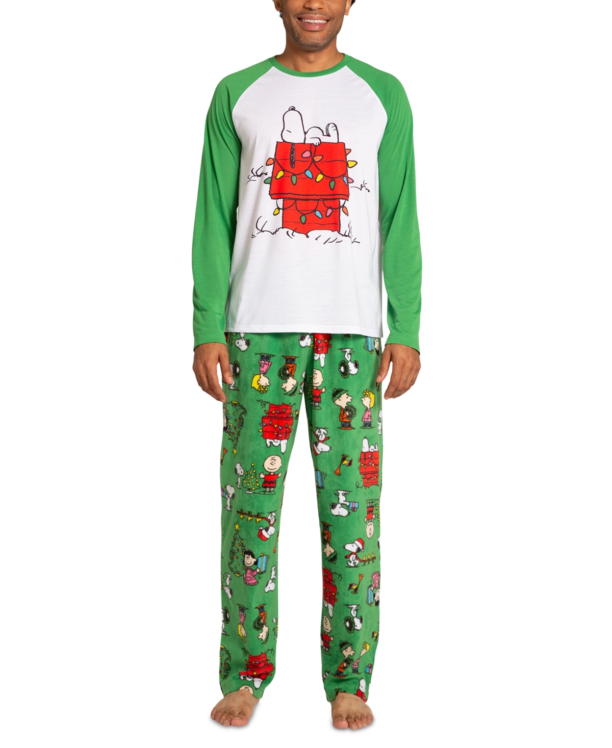 Matching Men's Peanuts Raglan-Sleeve Top and Pajama Pants Set - Green