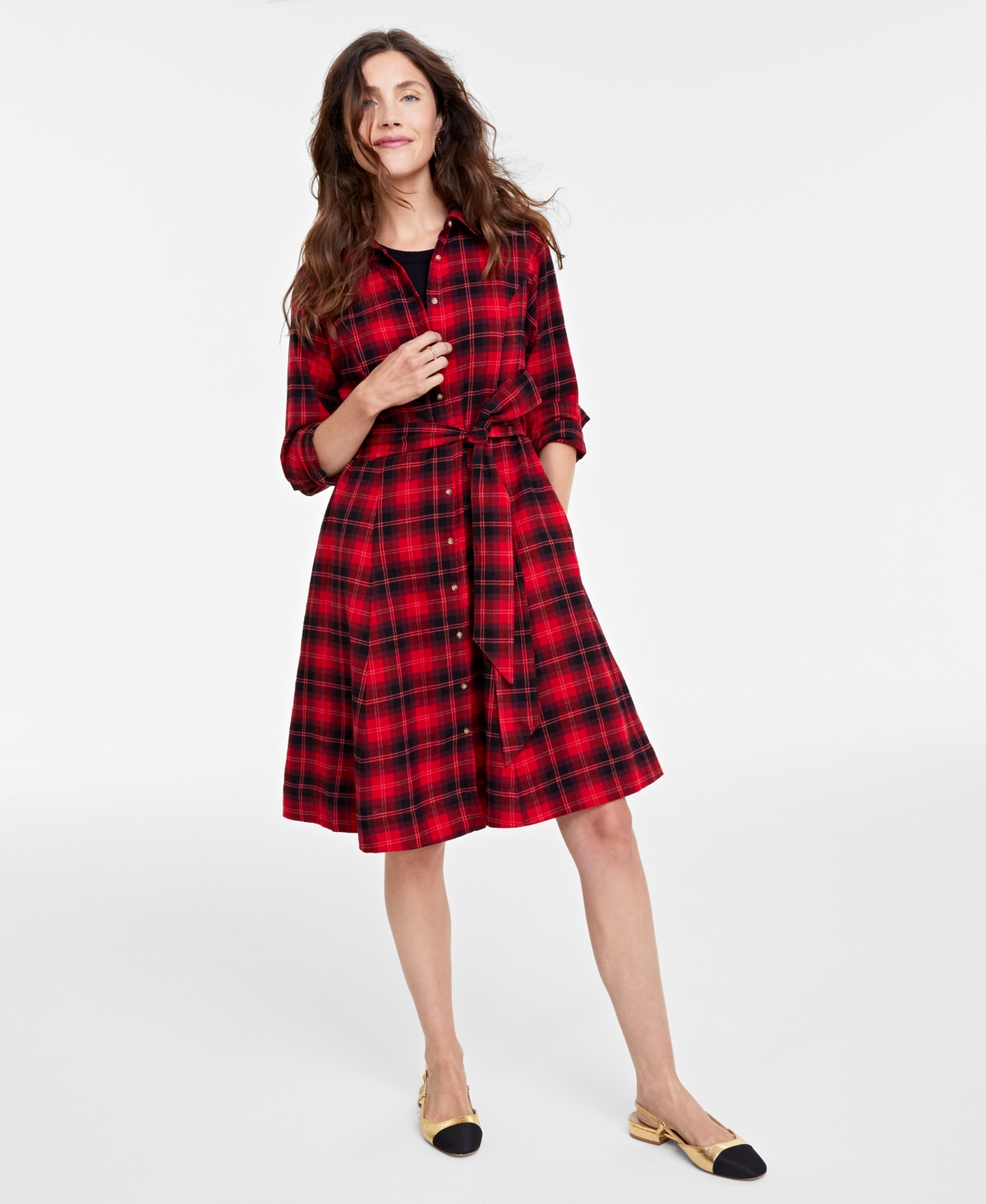 On 34th Women's Cotton Flannel Plaid Shirtdress, Created For Macy's In Burgundy Combo