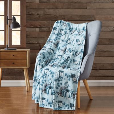 Coastal Autumn Harvest Teal Halloween Pumpkin Patch Plush Oversized Accent Throw Blanket - 50 In. W X 70 In. L