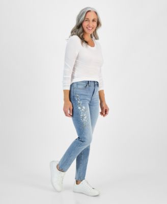 Style & Co - Petite Embroidered High-Rise Natural Straight Jeans