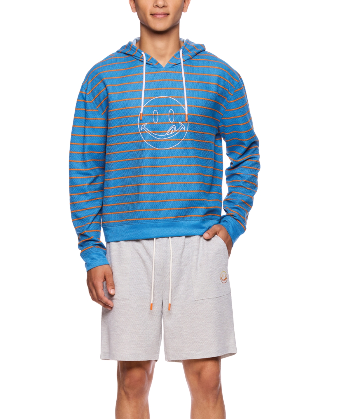 Men's Waffle-Knit Fun Stripe Licky-Print Hooded Pajama T-Shirt - Medium Blue