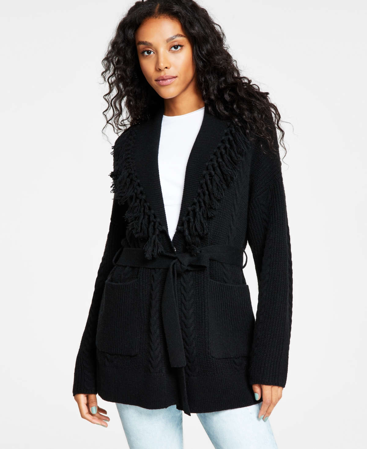 Guess Women's Anne Fringe-Trim Belted Wrap Cardigan