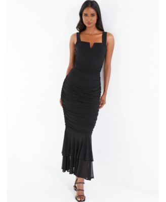 QUIZ Women's Black Mesh Notch Neck Maxi Dress - Macy's