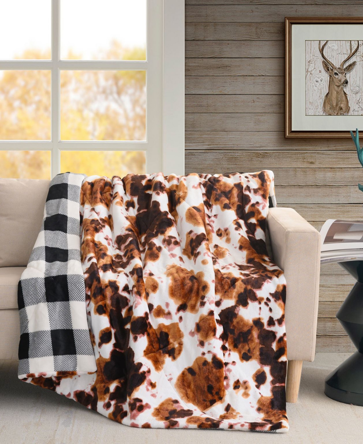 Sutton Home Quilted Velvet To Velvet Reversible Throw 50" X 60" In Cowhide To Buffalo Check