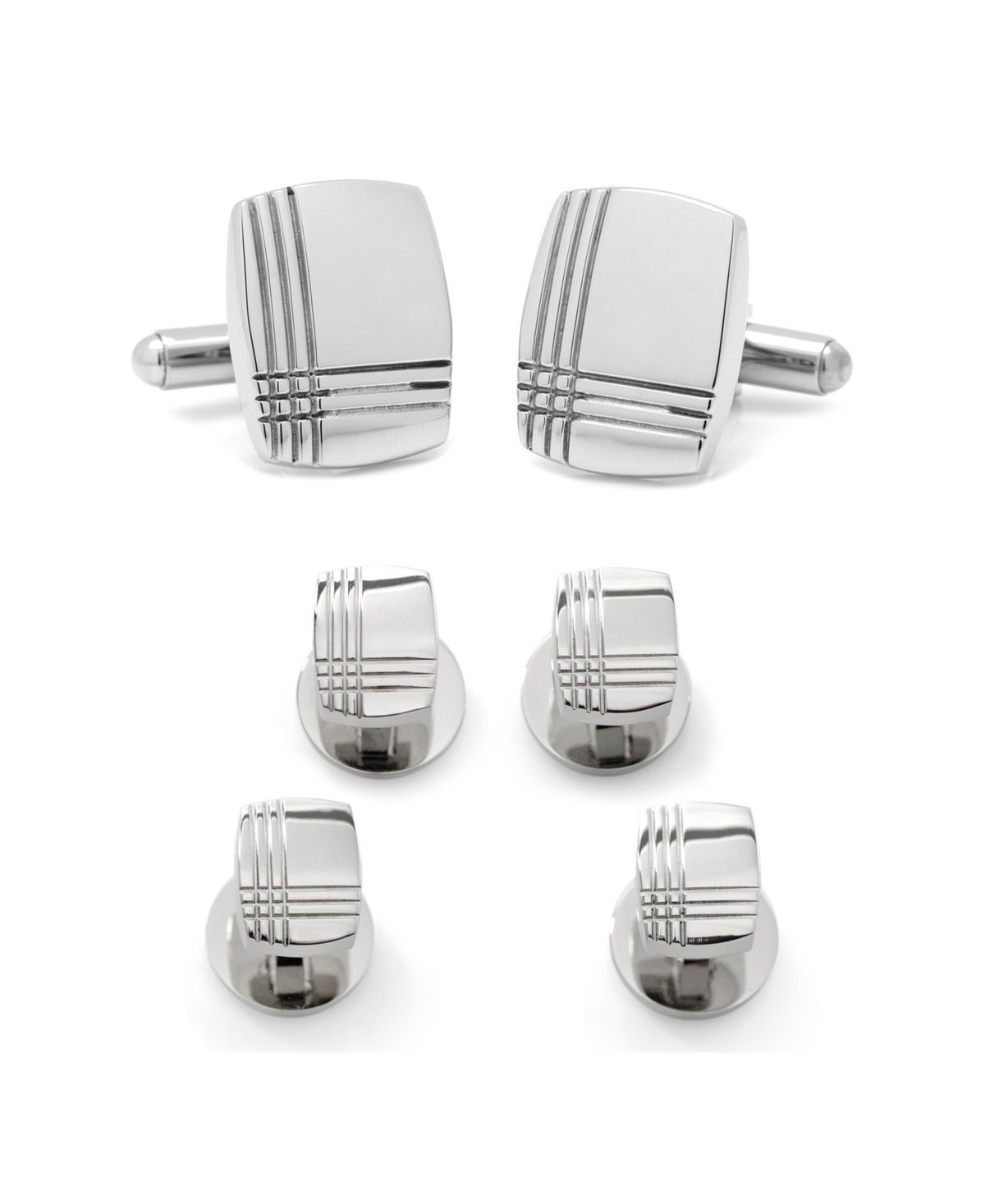 Men's Stainless Steel Tartan Plaid Cufflinks and Stud Set, 6 Piece Set - Silver