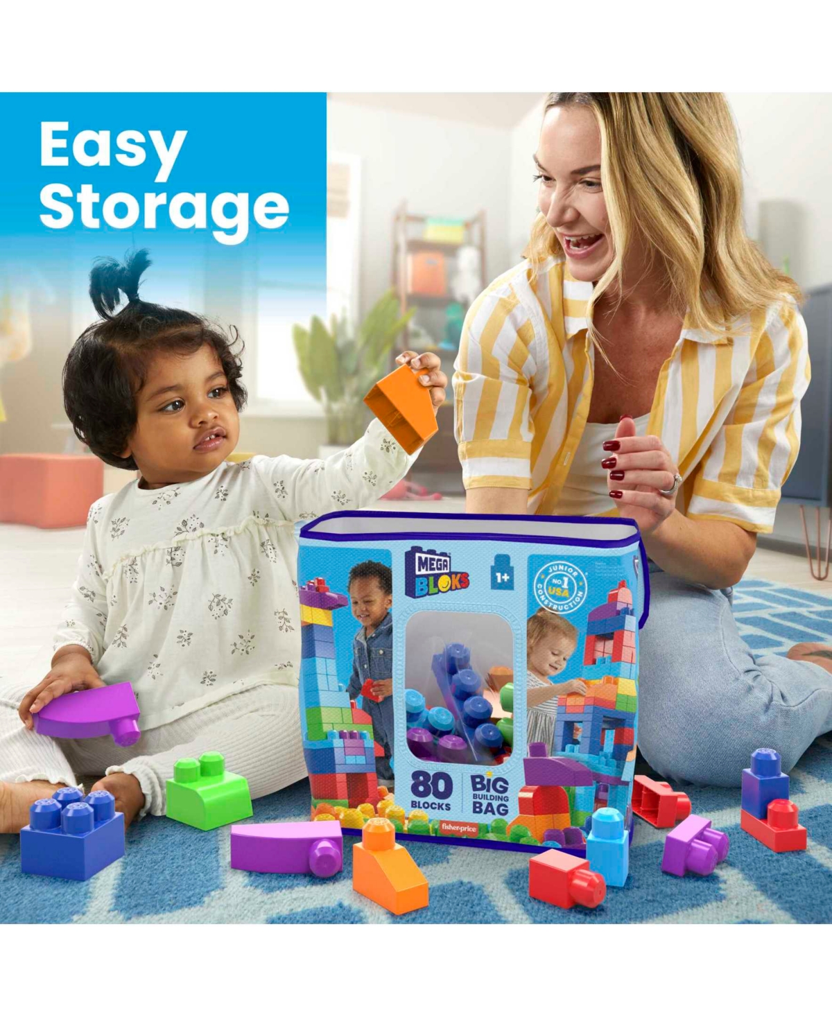 Mega Bloks 80-piece Big Building Bag Blocks For Toddlers 1-3, Blue In Assorted