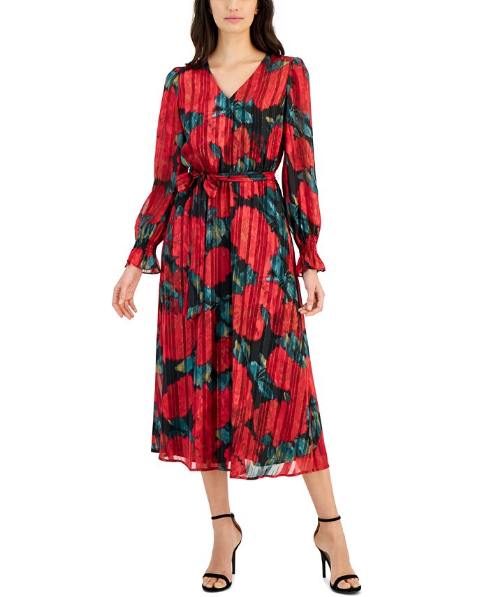 Anne Klein Women's Floral-Print Belted Midi Dress - Macy's