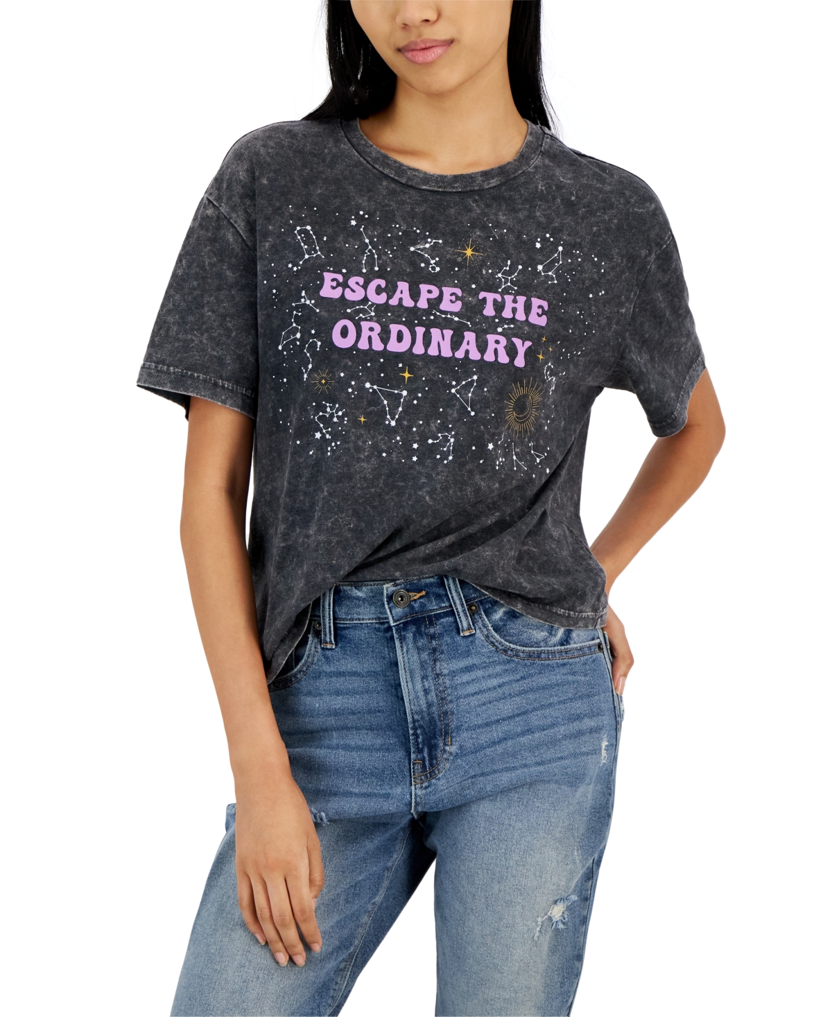 Rebellious One Juniors' Escape The Ordinary Mineral Wash T-shirt In Black