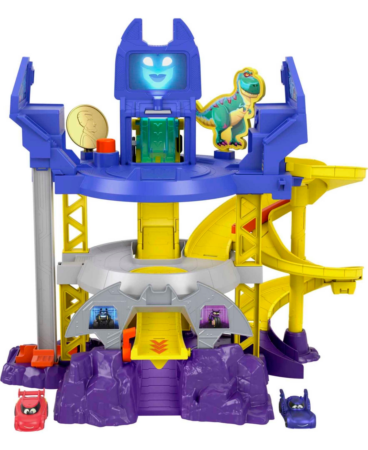 Batwheels Kids' Fisher-price Dc  Race Track Playset, Launch And Race Batcave With Lights Sounds And 2 Toy C In Multi-color
