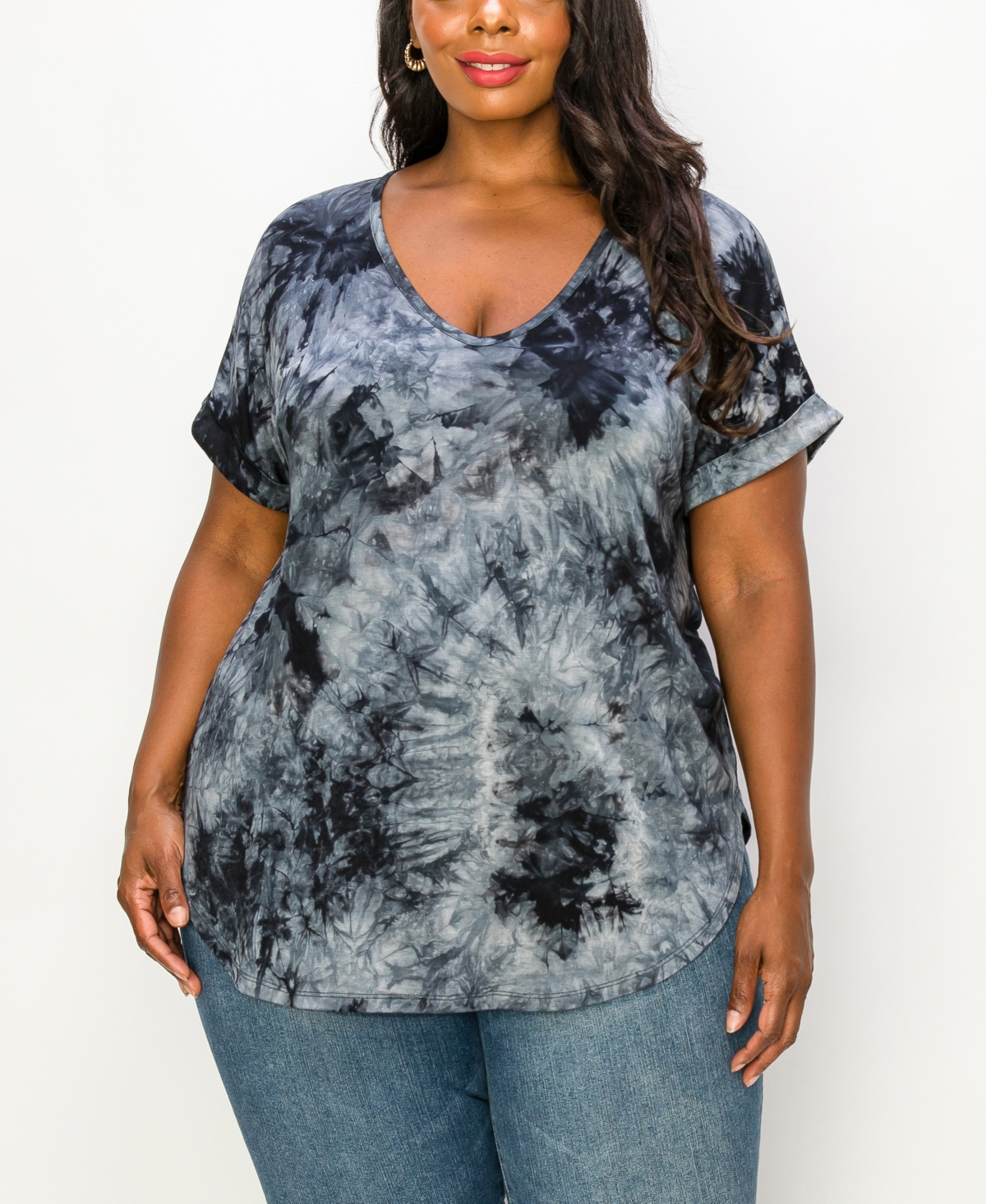 Coin 1804 Plus Size Tie Dye V-neck Rolled Short Sleeve Top In Slate Multi
