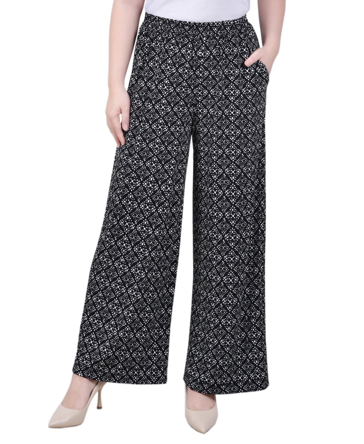 Ny Collection Petite Wide Leg Pull On Pants In Black White Geo