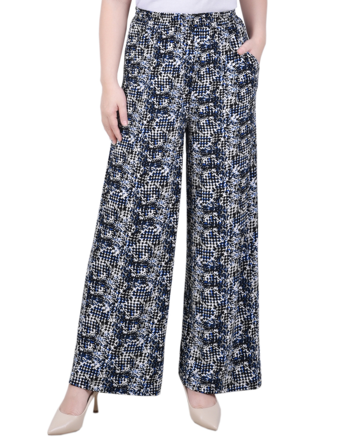Ny Collection Petite Wide Leg Pull On Pants In Black Navy Abstract