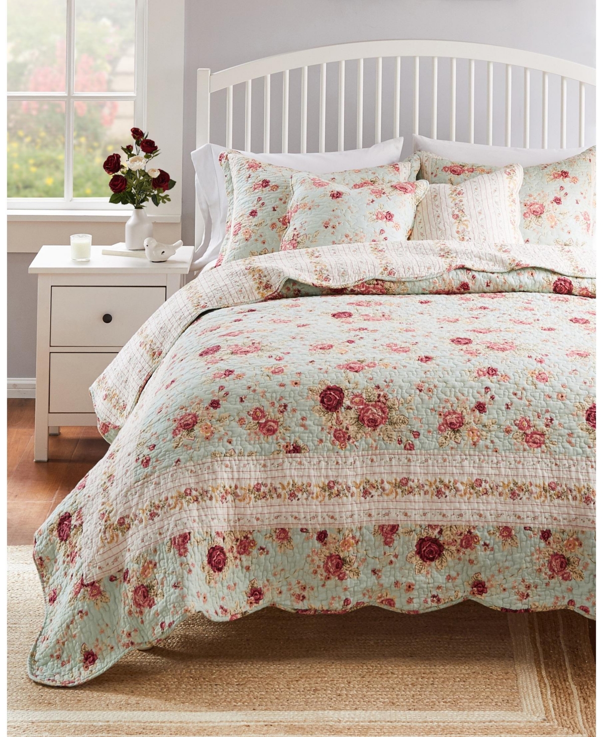 Greenland Home Fashions Antique-Like Rose 100% Cotton Reversible 3 Piece Quilt Set,