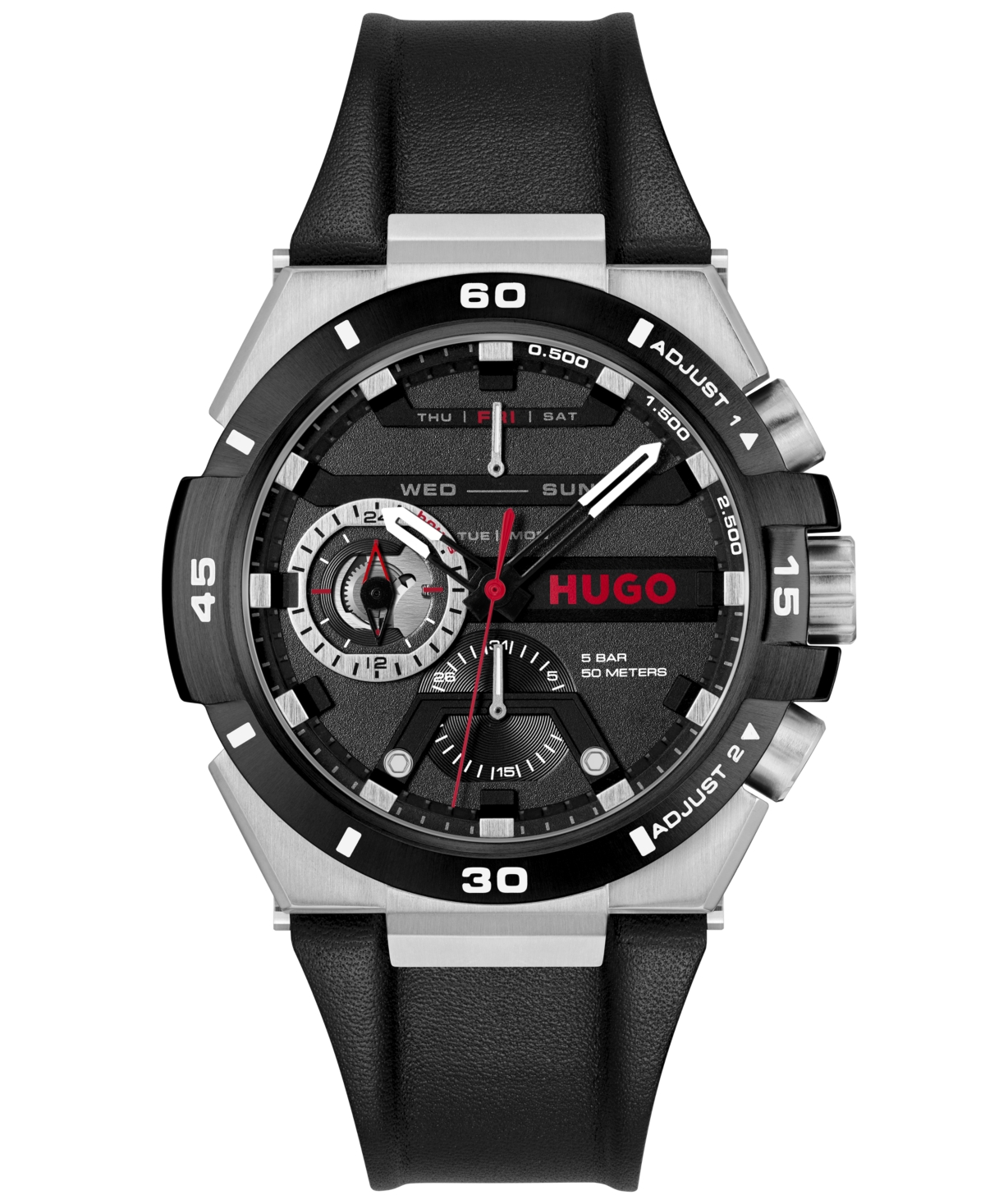 Hugo Men's Wild Quartz Multifunction Black Leather Watch 46mm