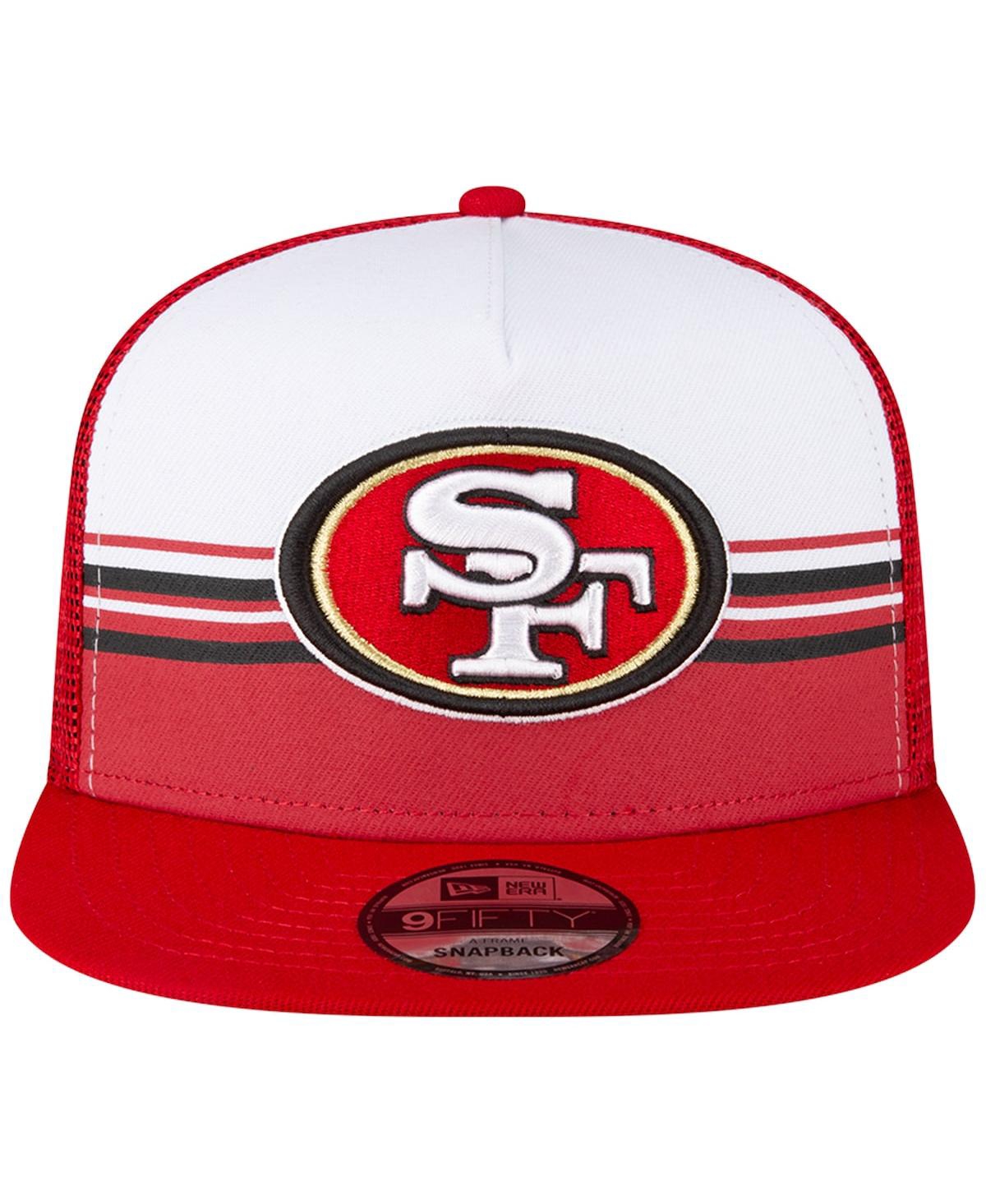 NEW ERA MEN'S NEW ERA WHITE, SCARLET SAN FRANCISCO 49ERS STRIPED A-FRAME 9FIFTY TRUCKER SNAPBACK HAT 