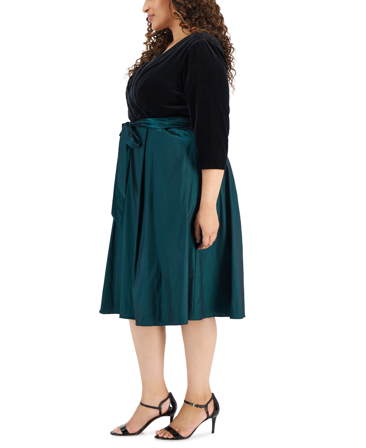 Shop Alex Evenings Plus Size Surplice-neck Mixed-media Dress In Black,emerald